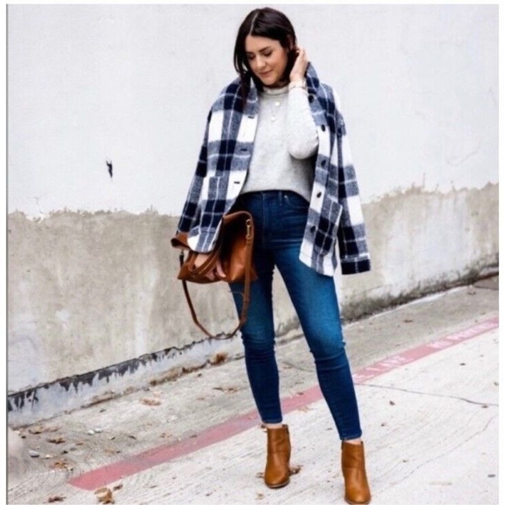 MADEWELL Walton Navy Blue & White Plaid Wool Shacket US L MSRP $228 Oversized